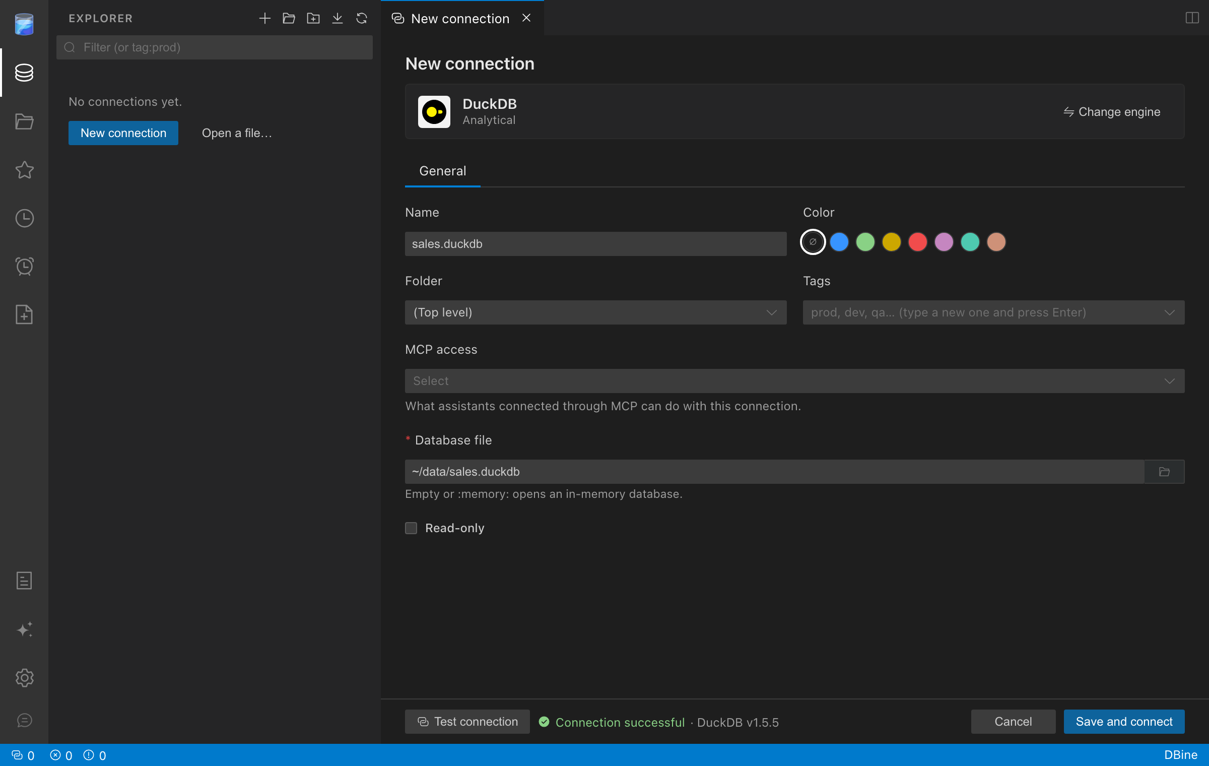 DBine new connection form for DuckDB DBine new connection form for DuckDB